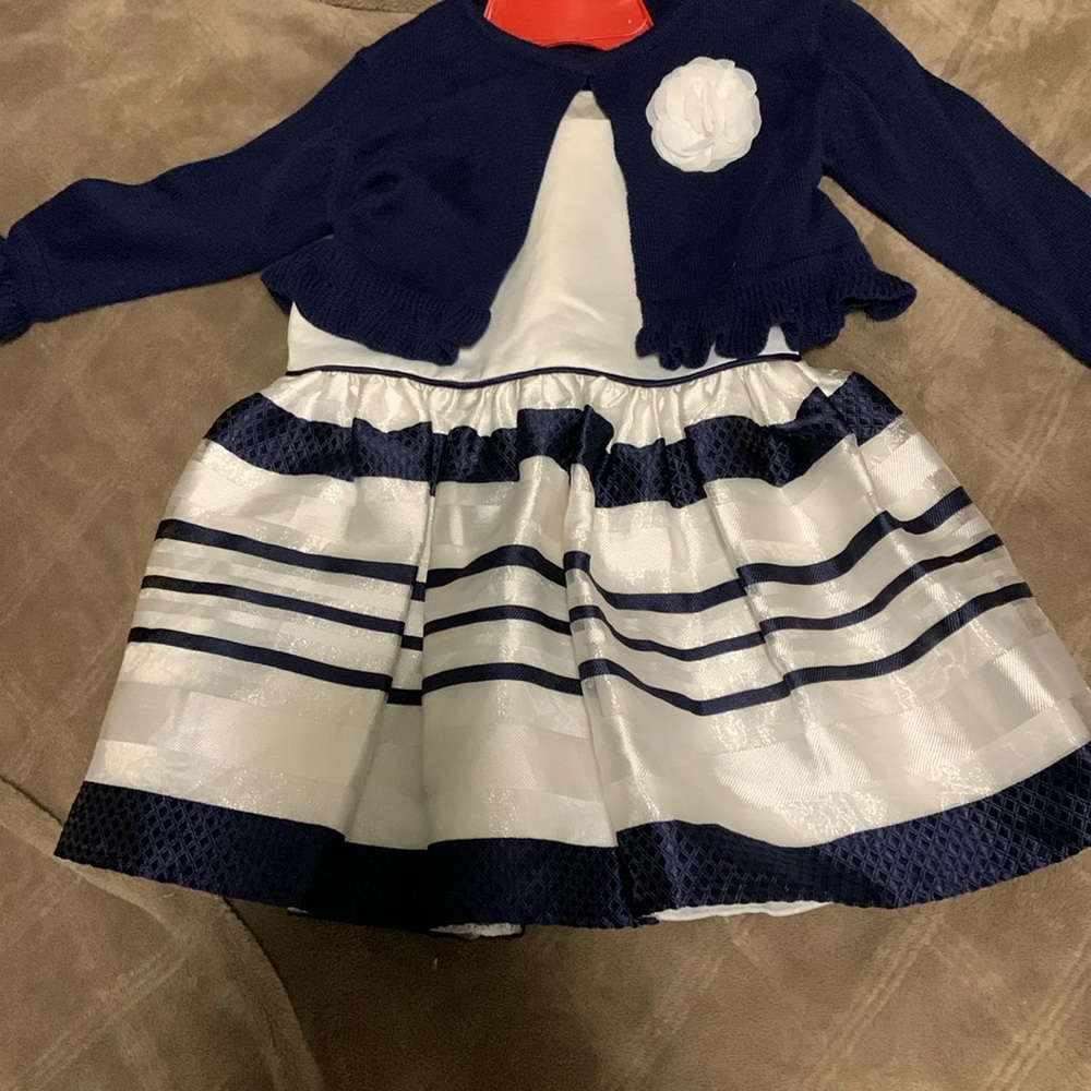 Cinderella striped dress with navy cardigan 18 months